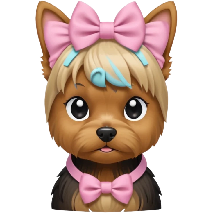 a Yorkshire Terrier face with a ponytail on head tied with a bow. Cute expression, flat design, pastel colors emoji