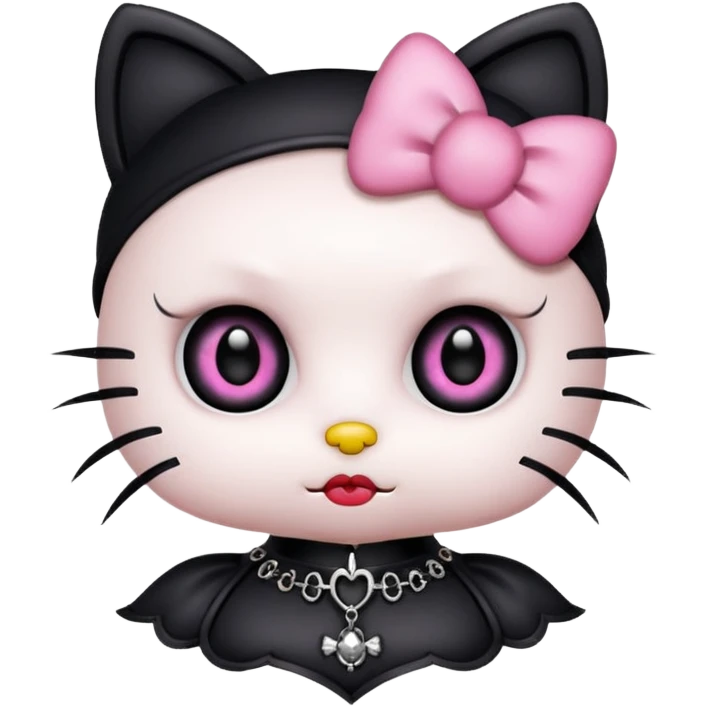 gothic Hello Kitty with exaggerated funny eyes, gothic accessories, iOS emoji style emoji