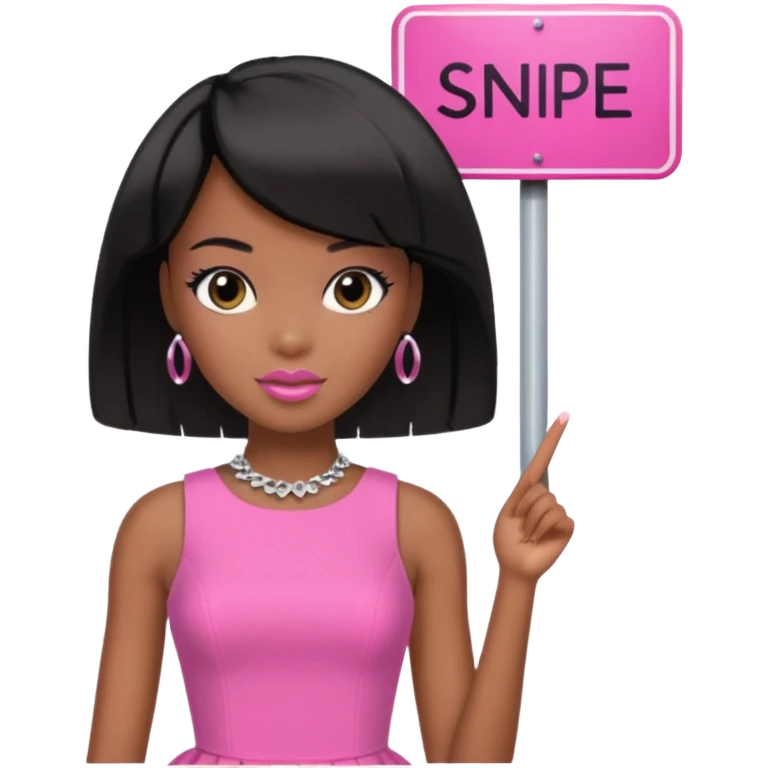Black barbie, short  black bob  hair, pink dress with a sign that says snipe emoji