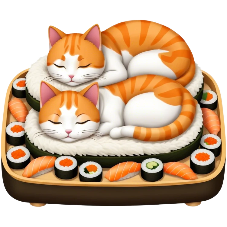 two cats sleeping in a bed made of sushi emoji