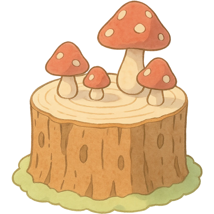 tree stump cake topped with mushrooms, forest dessert concept, soft pastel colors, ghibli style emoji
