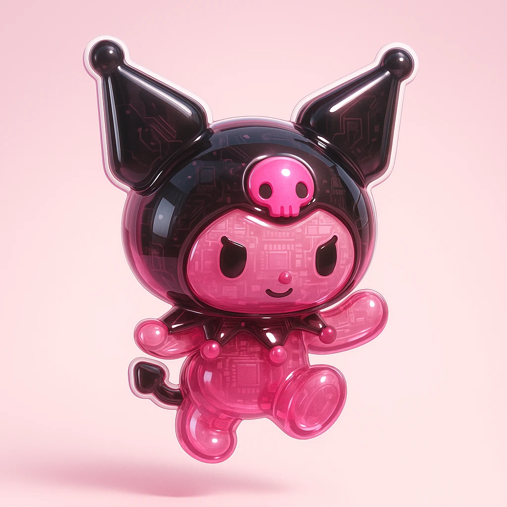 Kuromi character as a glossy sticker with shiny finish, playful pose, pink and black color scheme emoji