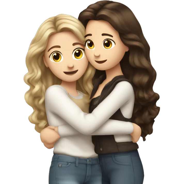 two Caucasian brunette pretty girls hugging with blown out hair emoji