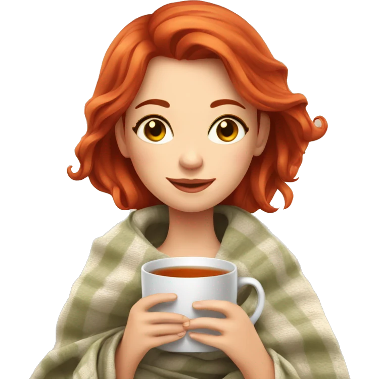 beautiful girl with red hair sits in a blanket and holds a mug of tea emoji