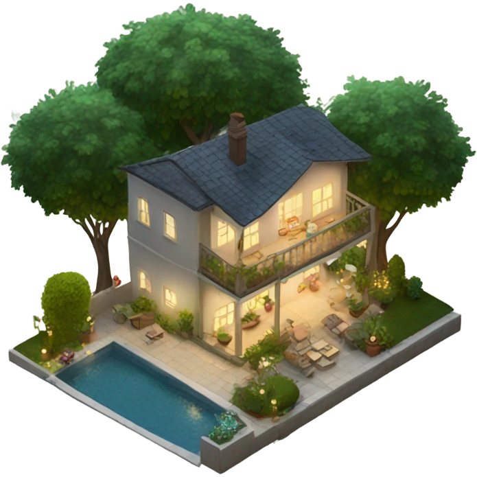 4 floor, trees in the garden, lights on, villa emoji