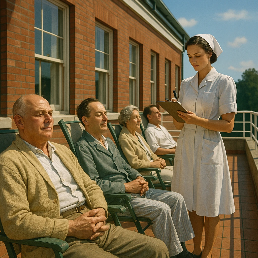 symbolic scene of 1940s hospital terrace with patients sitting in the sun with relaxed expressions, nurse taking notes on a medical chart, atmosphere of trust in solar therapy, realistic details, 4K quality emoji