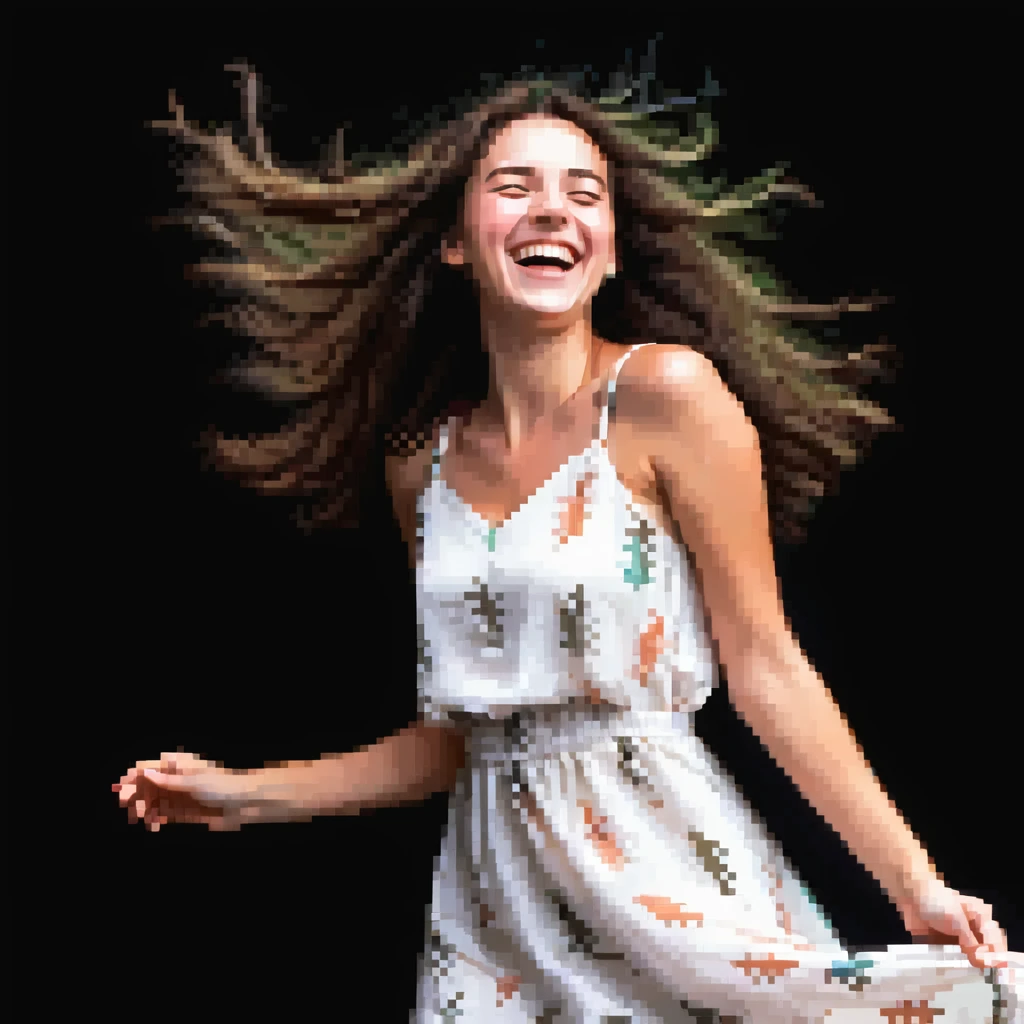 A brunette with straight hair laughs among friends at a picnic, wearing a light summer dress, her hair messy from the wind emoji