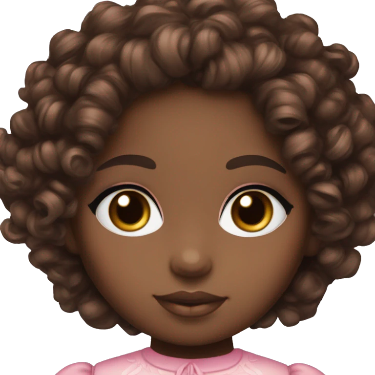 Chocolate brown doll eyes, dark brown curly hair, feminine, pink, brown girl, angelic emoji
