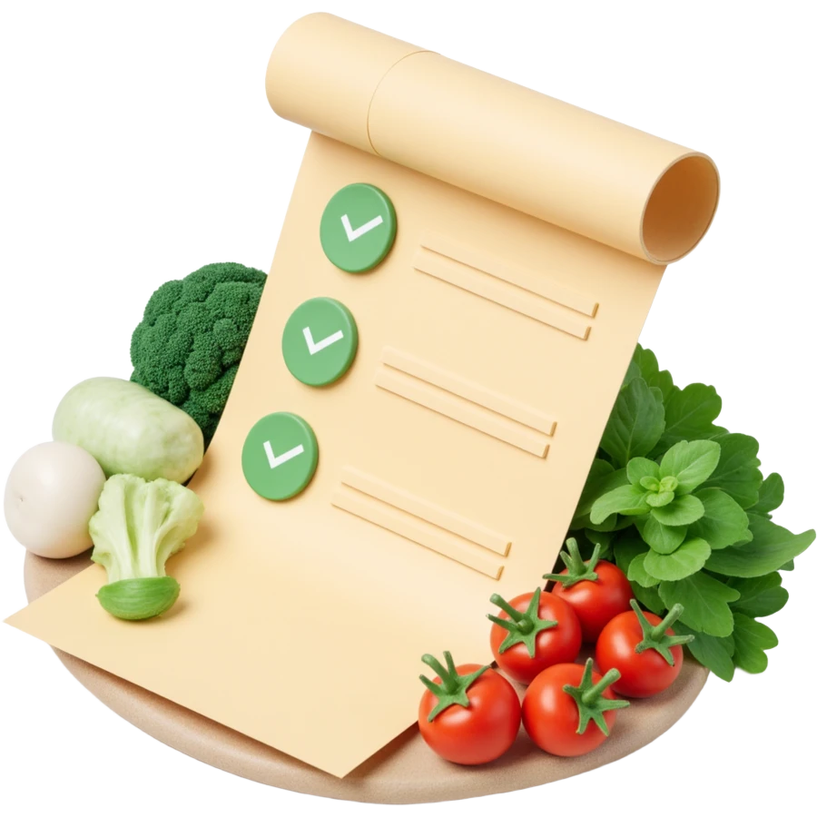 floating rolled paper list with green checkboxes and around vegetables emoji