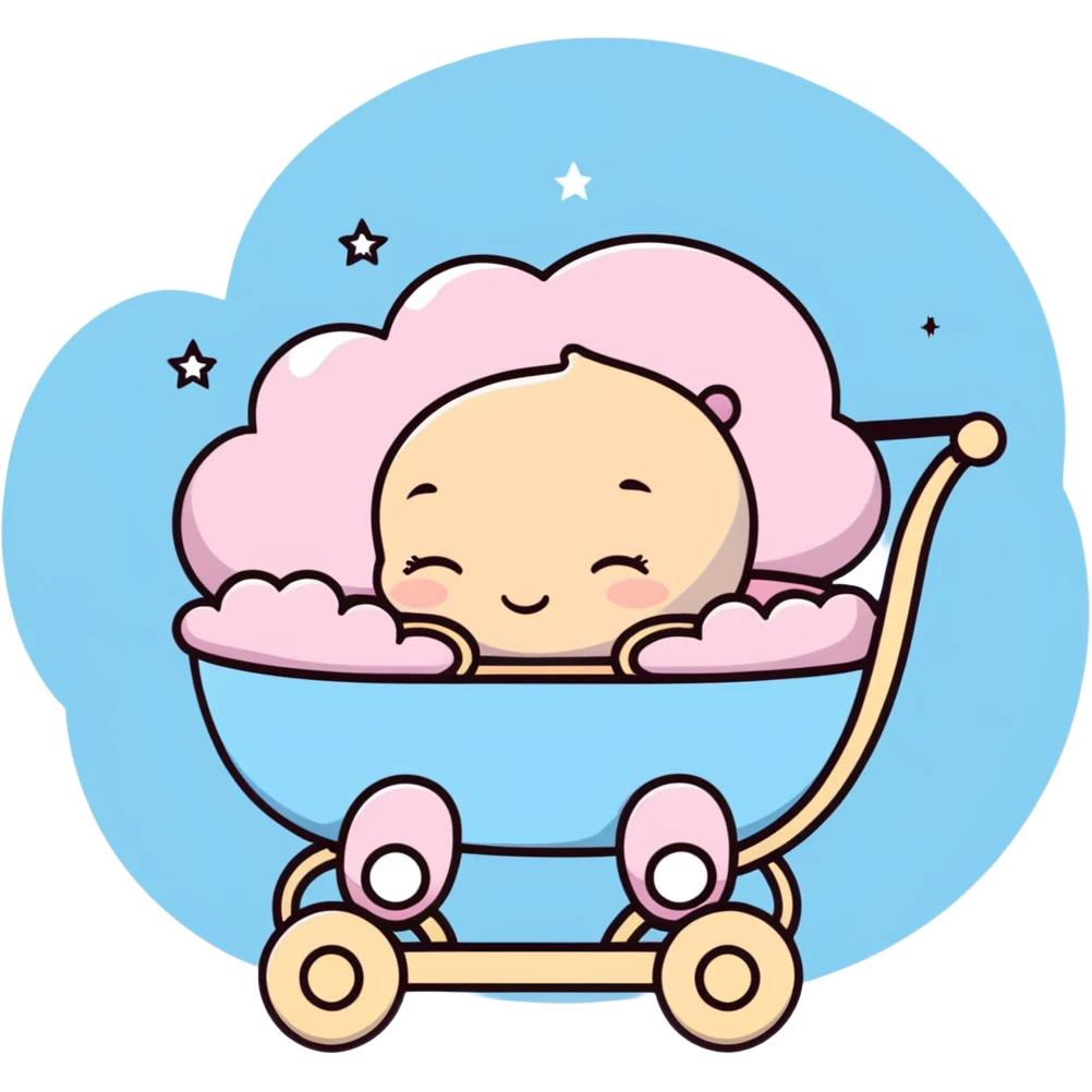sleeping baby in pink and beige stroller with fluffy pastel blue clouds and shining stars decorating the entire scene emoji
