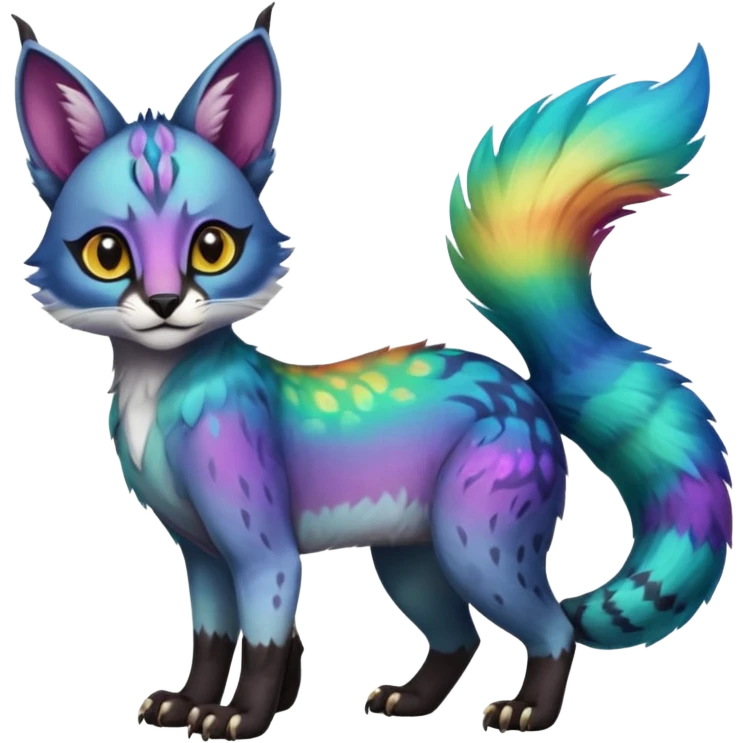 Colorful tropical tribal pale light fruity pastel white glorious iridescent divine exotic cute albino neon vibrant zigzagged cool beautiful fantasy-caracal-civet-genet-sergal-vernid-Gryphon-Cacomistle-Trico-oncilla-animal-Fakémon-hybrid-fursona (full body), facial markings,  emoji