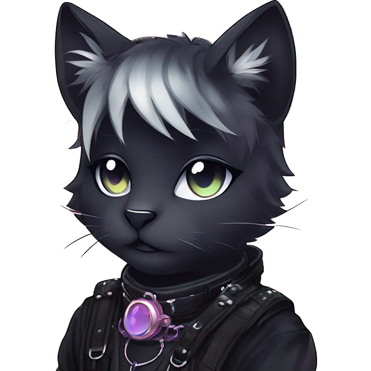 Gorgeous sparkly legendary gradient gothic dark techwear anime style anthro cat with blushing face aesthetic and pretty edgy black with collar and harness trending style emoji