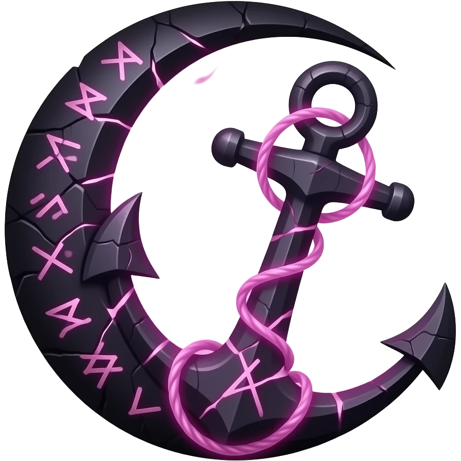 „blackened crescent‑moon fused with a jagged anchor, cracked runic engravings glowing violet, thin pink curse‑energy leaking like burning veins, soft moonlight catching the cracks, drifting shadow‑mist, ultra‑detailed, black‑violet‑pink palette, no characters“ emoji