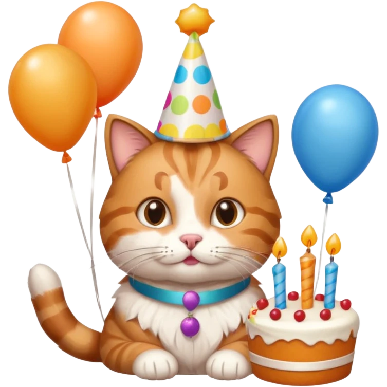 has al gatito tom con globos, un cono de fiesta y un pastel emoji