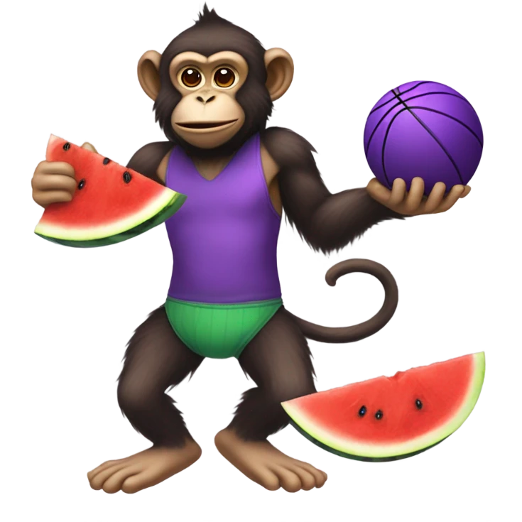 Monkey eating watermelon and drinking purple juice while playing basketball emoji