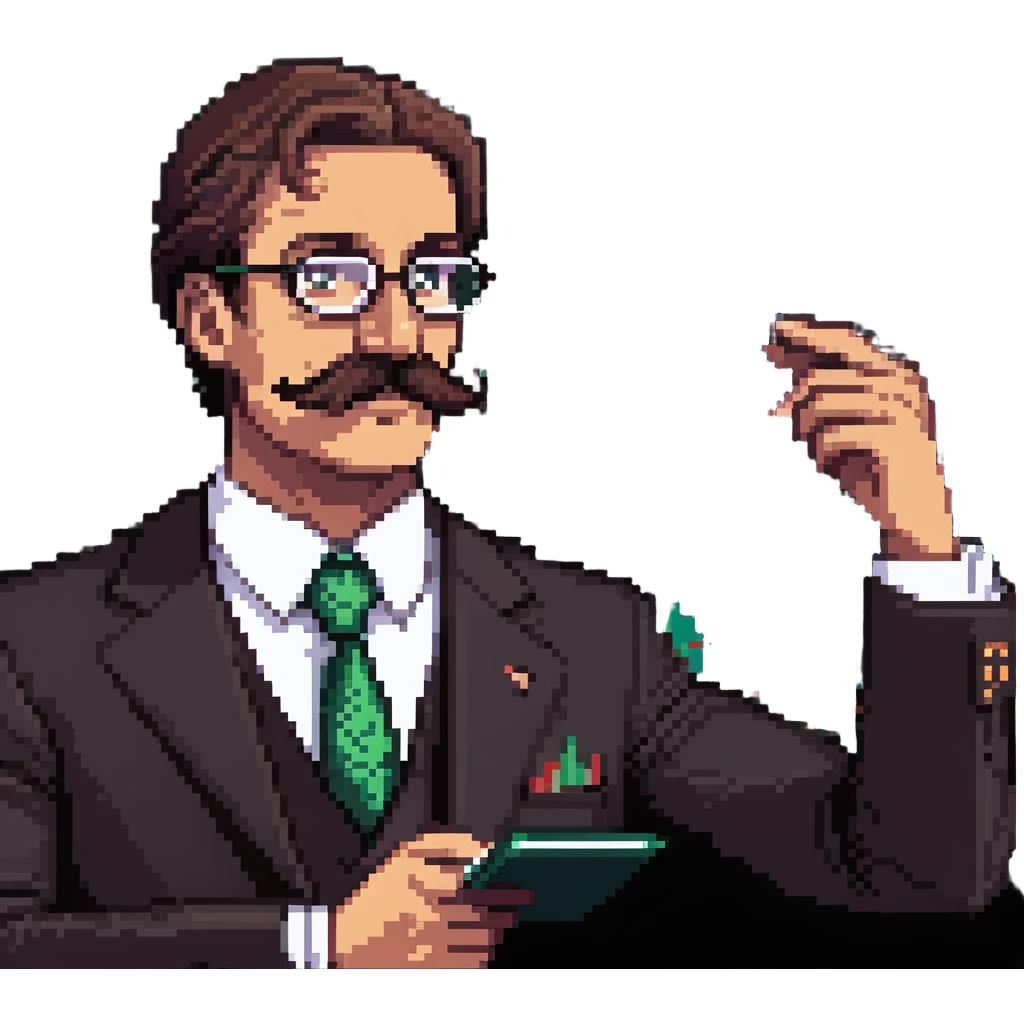 Finance guy with massive handlebar mustache, business attire, stock market chart emoji