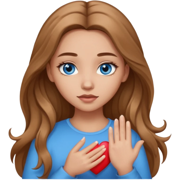 A girl with makeup, long light brown hair, blue eyes her hands on her heart emoji