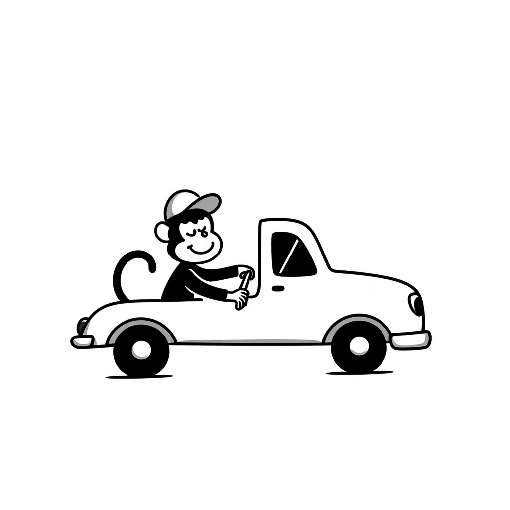 hand drawn doodle of a monkey and car emoji