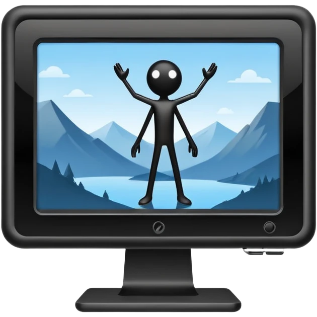 Minimalistic flat vector icon, iOS style, thin black contour on white background. Computer monitor showing a simple stickman character inside a game world. Clean, no text, no shadows emoji