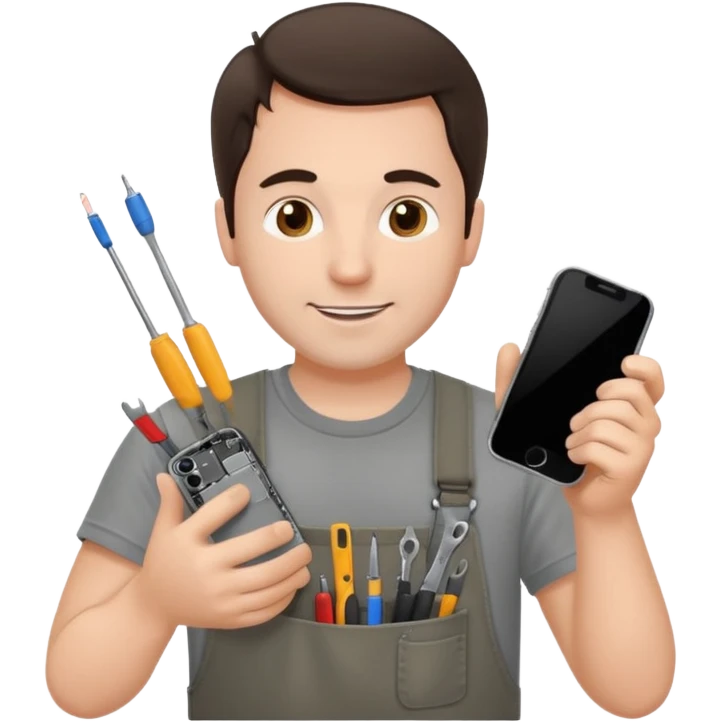 make a white guy with dark brown hair, with a simple white o grey shirt, repairing an iphone happy, tecnician with small tools for phone emoji