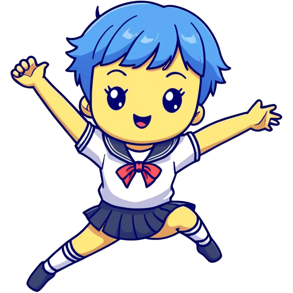 Energetic anime girl with short blue hair wearing Japanese sailor style school uniform, jumping excitedly with arms raised, very cheerful, kawaii style emoji