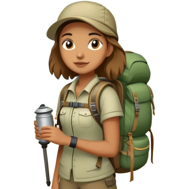 Girl with hiking backpack and camping gear in forest, Melissa Backwoods emoji