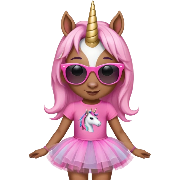 friendly anthropomorphised female unicorn with horse-like face, in tutu and pink t-shirt, wearing dark sunglasses, standard pose, close-crop head and shoulders portrait emoji