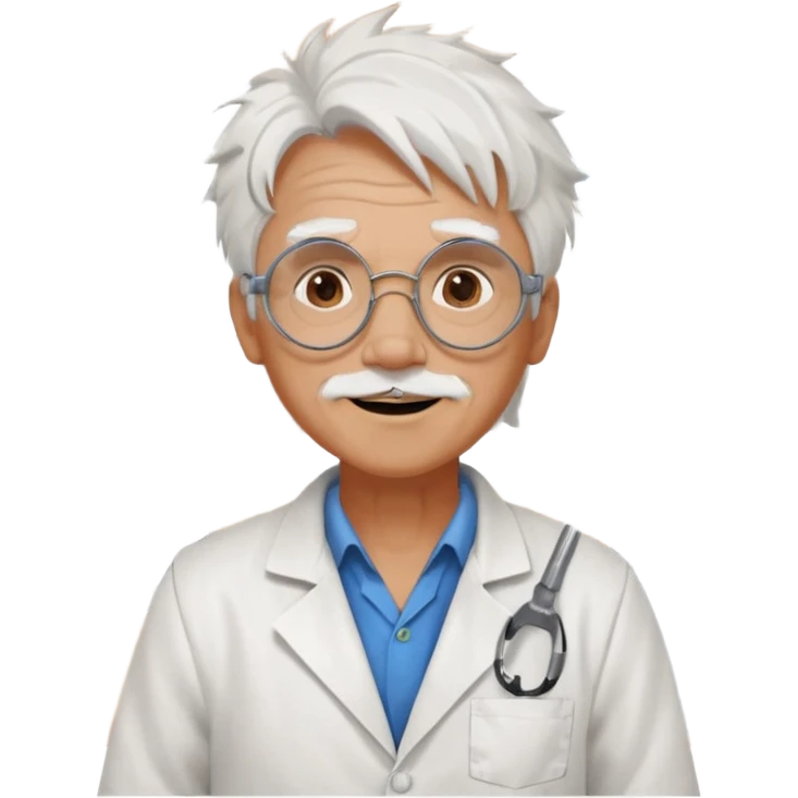 Portrait of an eccentric inventor with messy white hair, round goggles on forehead, wrinkled face with excited expression, wearing a slightly burnt lab coat, background of workshop with blueprints and tools emoji
