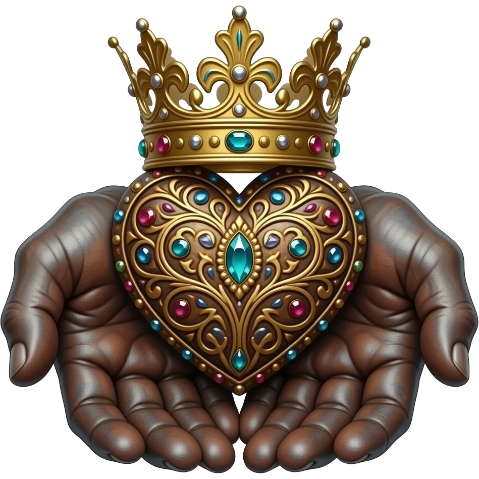 two rusty hands touch with their fingers (fingers are facing down and palms are facing up)  a rusty heart richly ornamented with arabesques and studded with precious stones with a richly decorated royal crown, dramatic lighting - backlight emoji