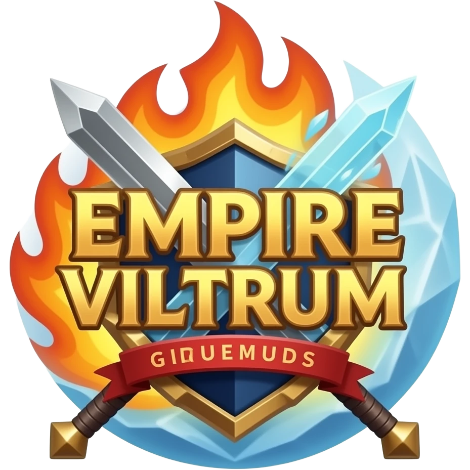 logo para guilda de rpg escrito IMPÉRIO VILTRUM com espadas de magia, ao redor da logo com fogo e gelo emoji