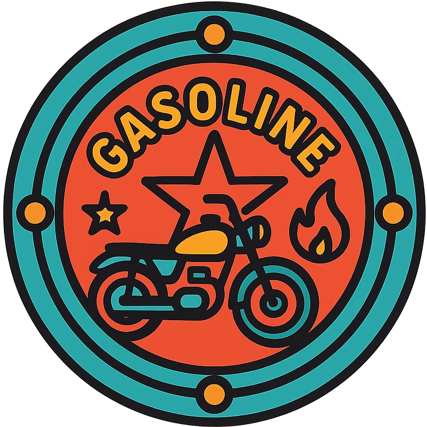 circular motorcycle gas cap design, transparent background, text 'GASOLINE', motif: star, motorcycle, flame, retro style emoji