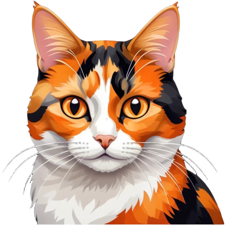 Cinematic Noble Calico Cat Portrait Emoji, Poised and regal, with a striking patchwork fur in vibrant orange, black, and white hues, delicate whiskers and a refined, focused gaze, simplified yet exquisitely detailed, glowing with a soft, moonlit radiance and an air of aristocratic elegance, high shine, exuding dignified intelligence and poised authority, soft glowing outline, capturing the essence of a watchful and noble calico cat that appears ready to grace the screen with effortless majesty! emoji