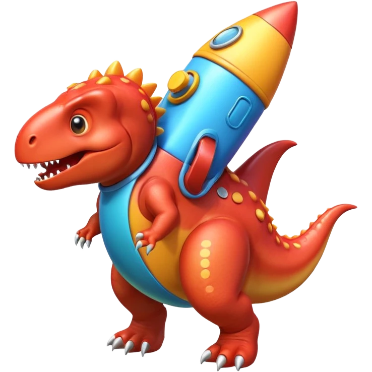 cute toy-like rocket-propelled dinosaur, rounded shapes, glossy texture, colorful rocket backpack, happy expression, 3D cartoon, mobile game icon style, clean background, no text, no watermark
 emoji
