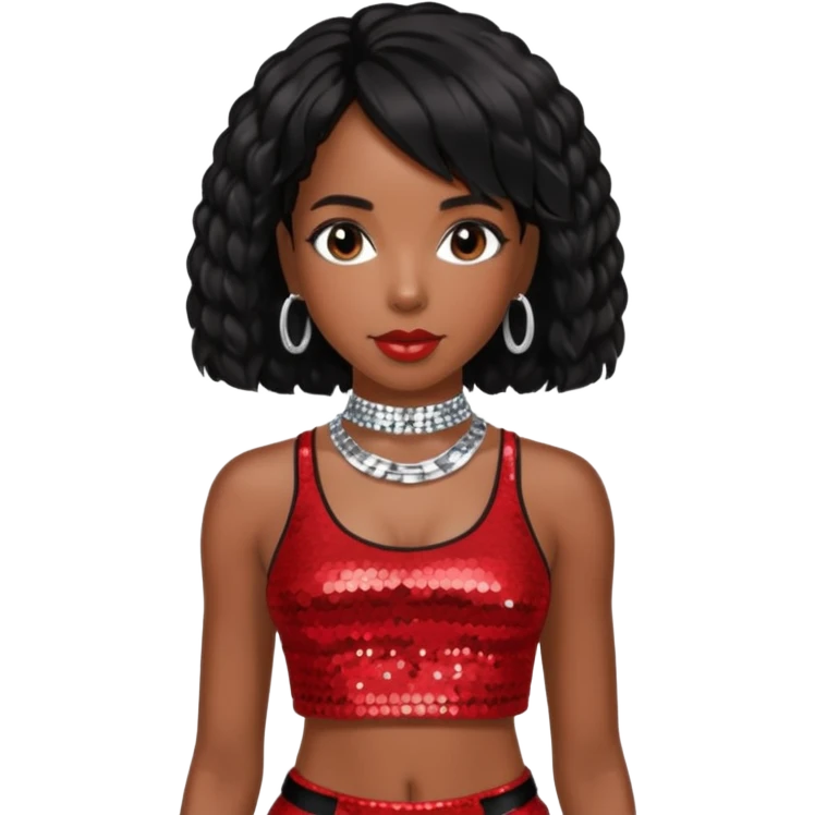 Kelly Rowland with black hair, red sequin crop top and neck bracelet emoji