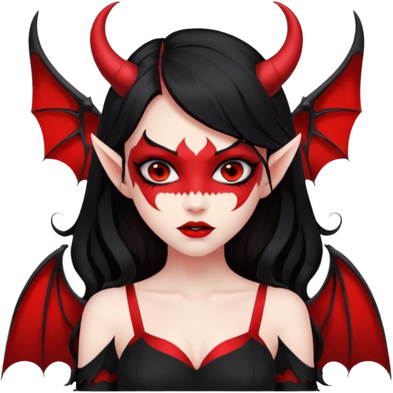 demon girl, skin red , black long hair, small horns, bat wing, black open-back dress, bold black outlines, red+black palette emoji