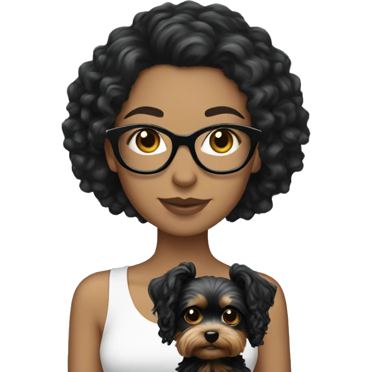 White girl with curly black hair and glasses holding Yorkie  emoji