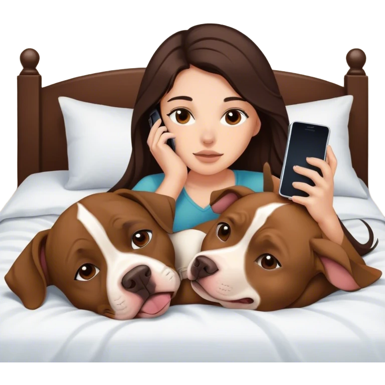 Girl long dark brown hair in layers cascading  down her face lays bed with her cell phone and her brown pit bull lays guarding her emoji