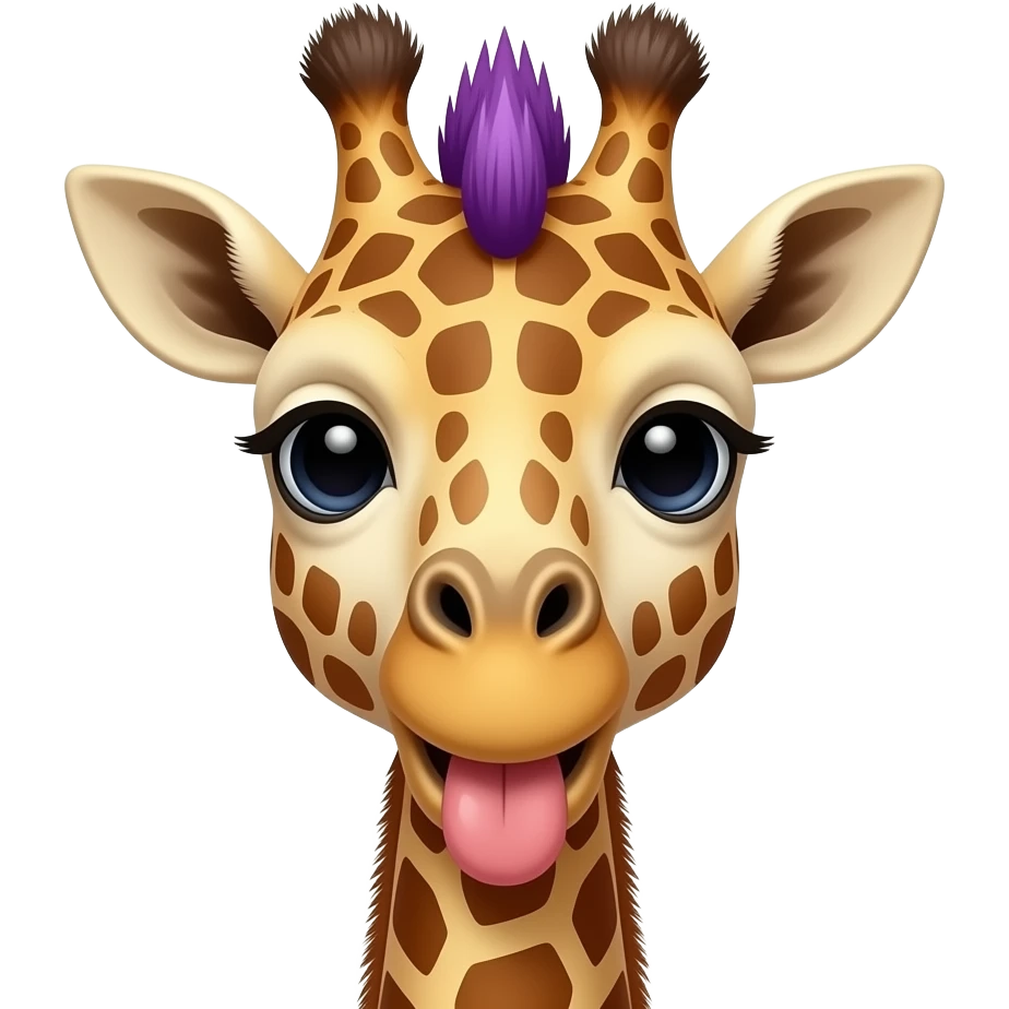 giraffe with purple very spiky mohawk, tongue sticking out and front view face emoji