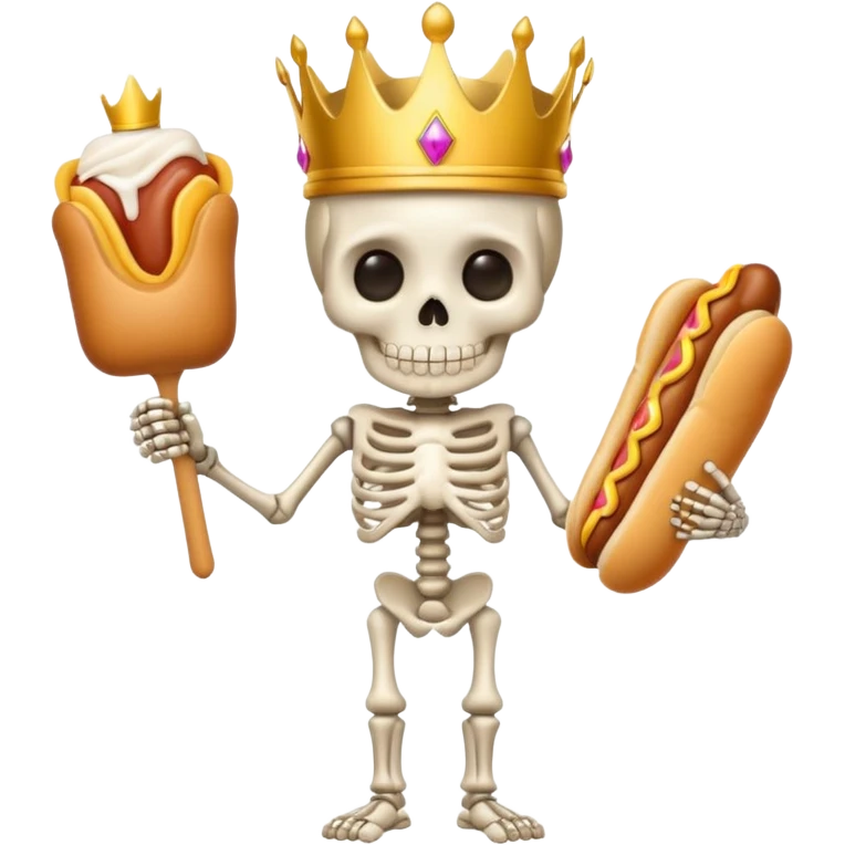 A cute skeleton wearing crown and holding hot dog full body emoji