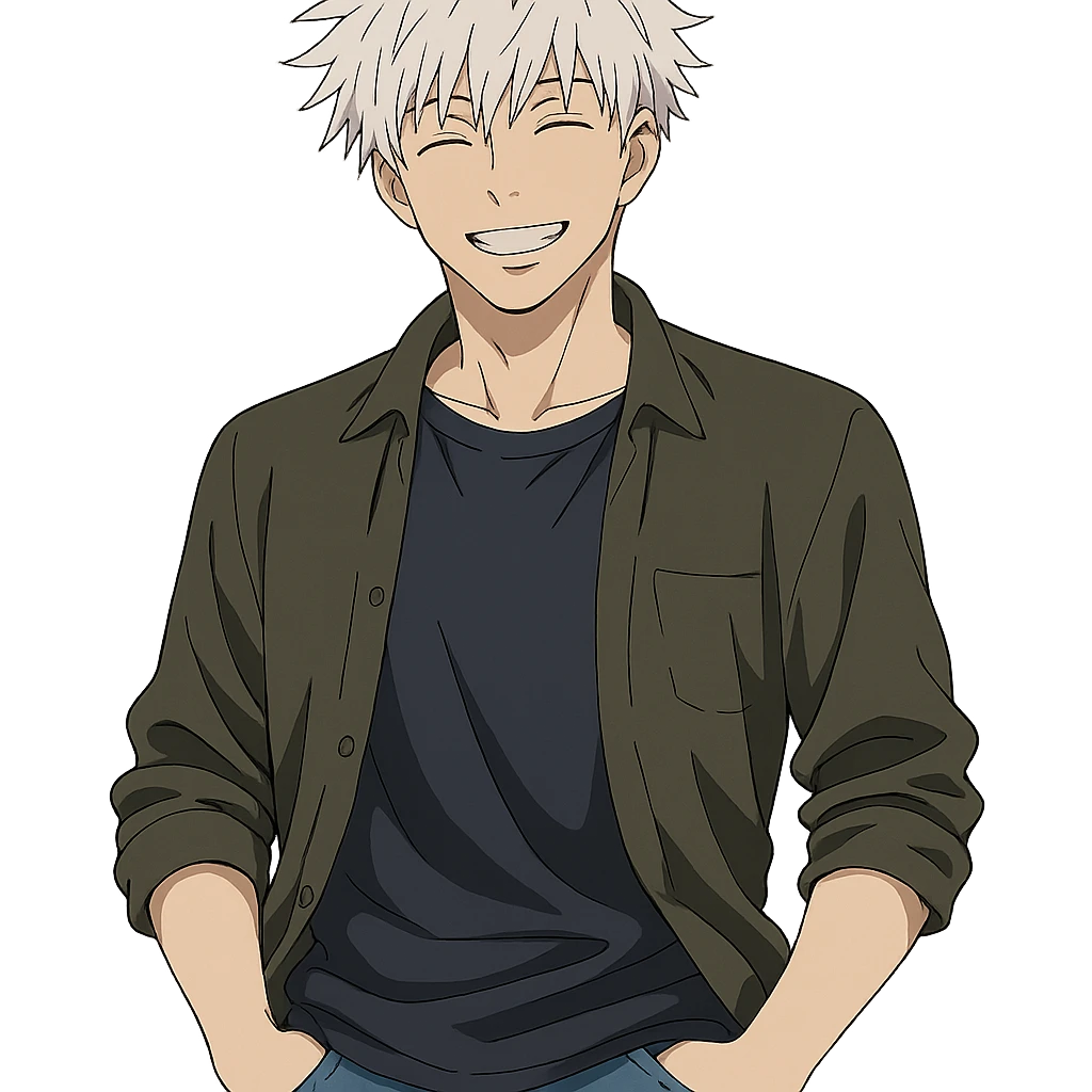 Gojo smiling, casual outfit, relaxed vibe, anime character, anime style emoji