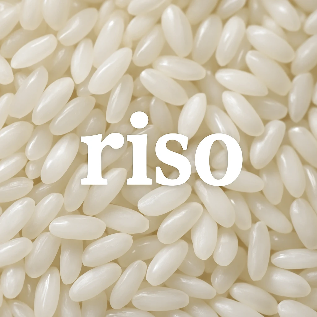 photo realistic close-up of shiny white rice grains with the word 'riso' in Italian on the image emoji