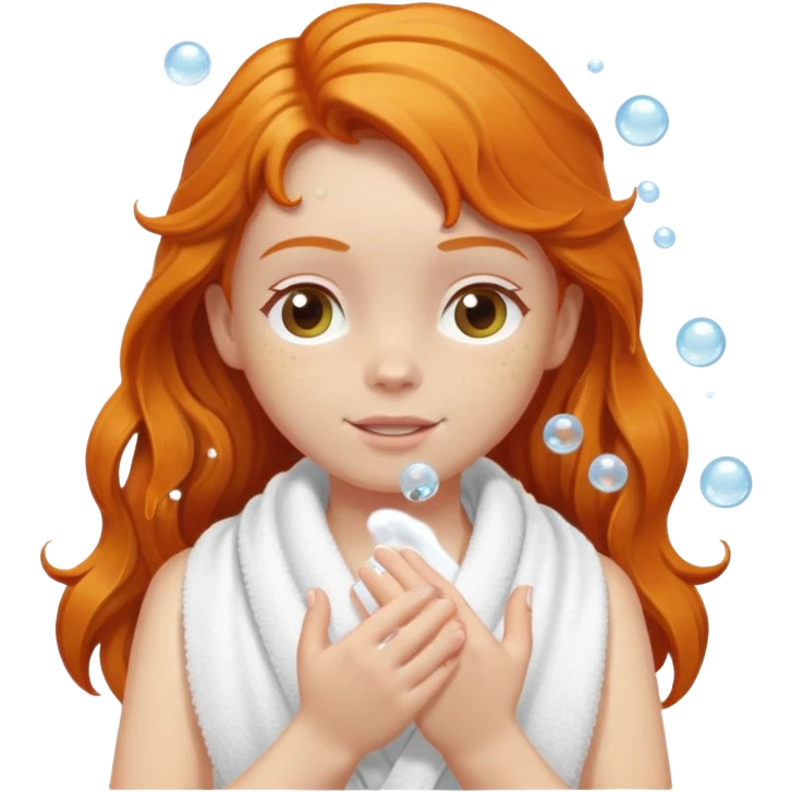 Ginger girl in towel shower washing long hair up in hands soapy bubbles emoji