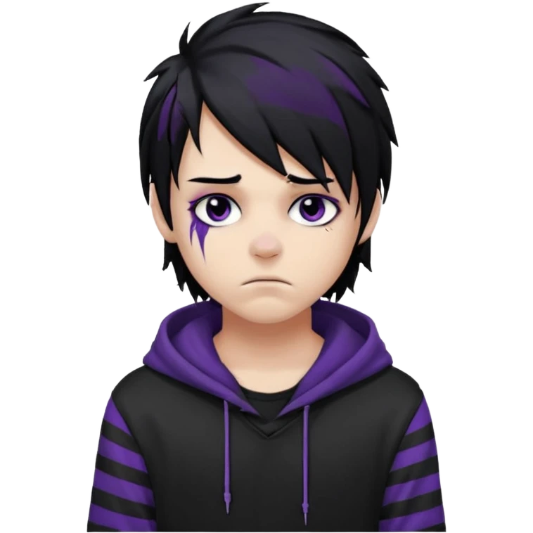 emo teen boy with long one-side messy black hair, dark hoodie with white and purple striped sleeves, piercings on his nose, dark eyeshadow emoji