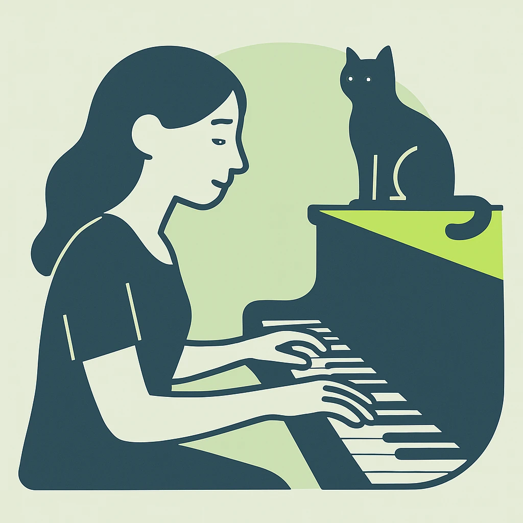 woman playing piano while her cat sits on top of the piano emoji
