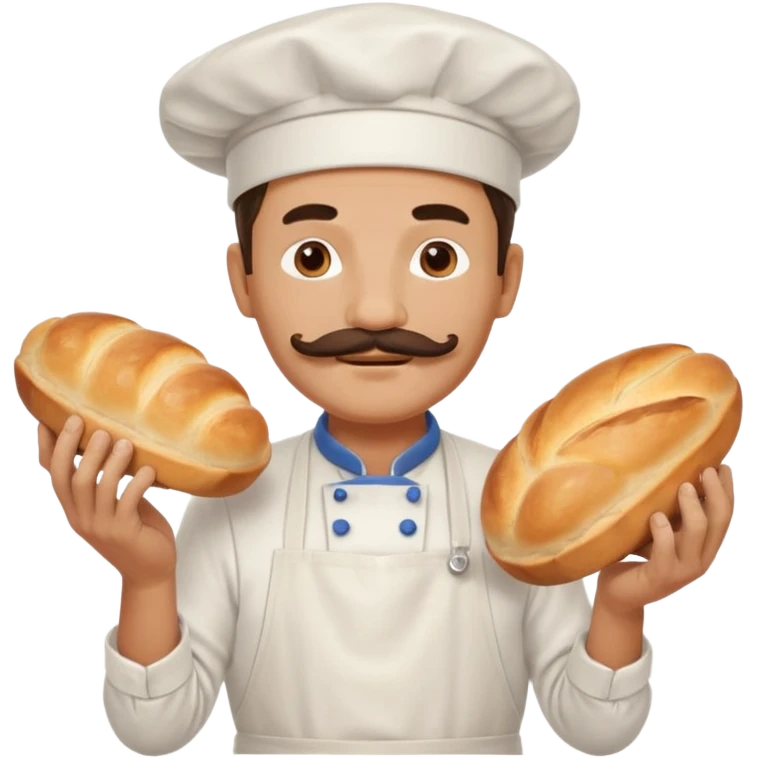Middle aged male pastry chef - with a mustache, apron, white hat, holding bread emoji