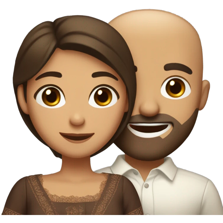 Brown-haired Puerto Rican woman with dark brown eyes wearing a cute blouse giving a comforting hug to a short, bald man with brown eyes, laugh lines, and a beard emoji