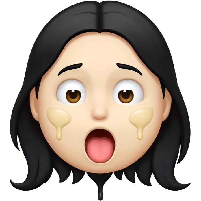 simple emoji, surprised disgusted face, classic, circular, genderless, emoji, 😮, long black hair, goopy white liquid on cheeks, goopy white cream on lips, goopy white cream on tongue, tongue out, eyes shut, >_< face, 😝, 😫 emoji