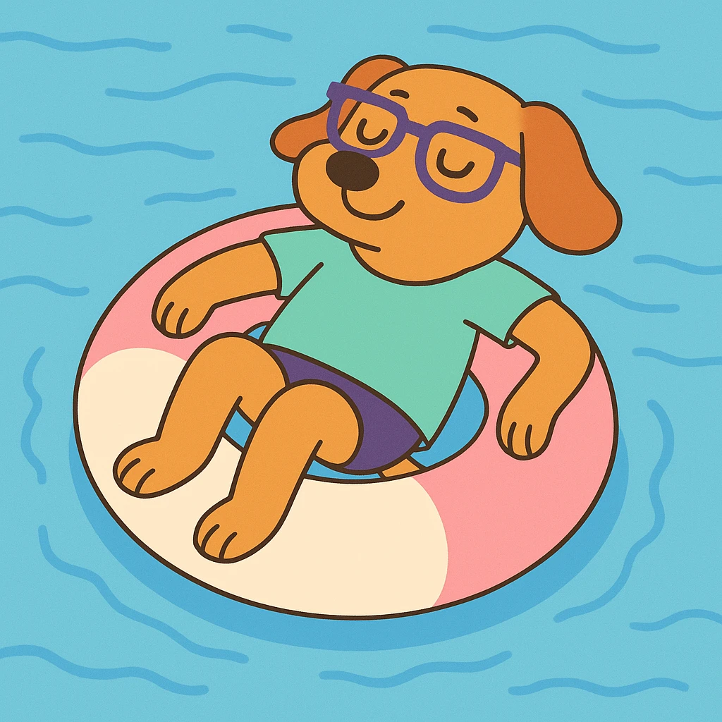 indie dog floating on a pool float, relaxed, pastel tones emoji