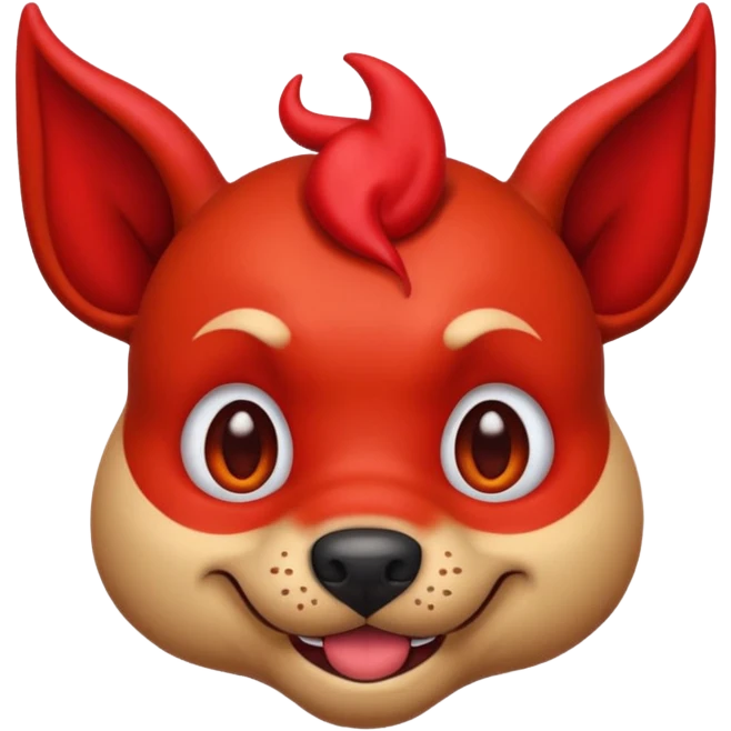 dog emoji with a sly, naughty grin, red devil horns, raised eyebrow, looking cheeky emoji