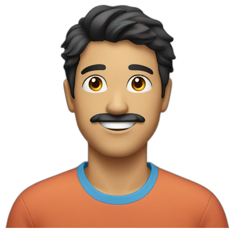 A young man with black hair has a mustache wearing a smiling blue T-shirt emoji